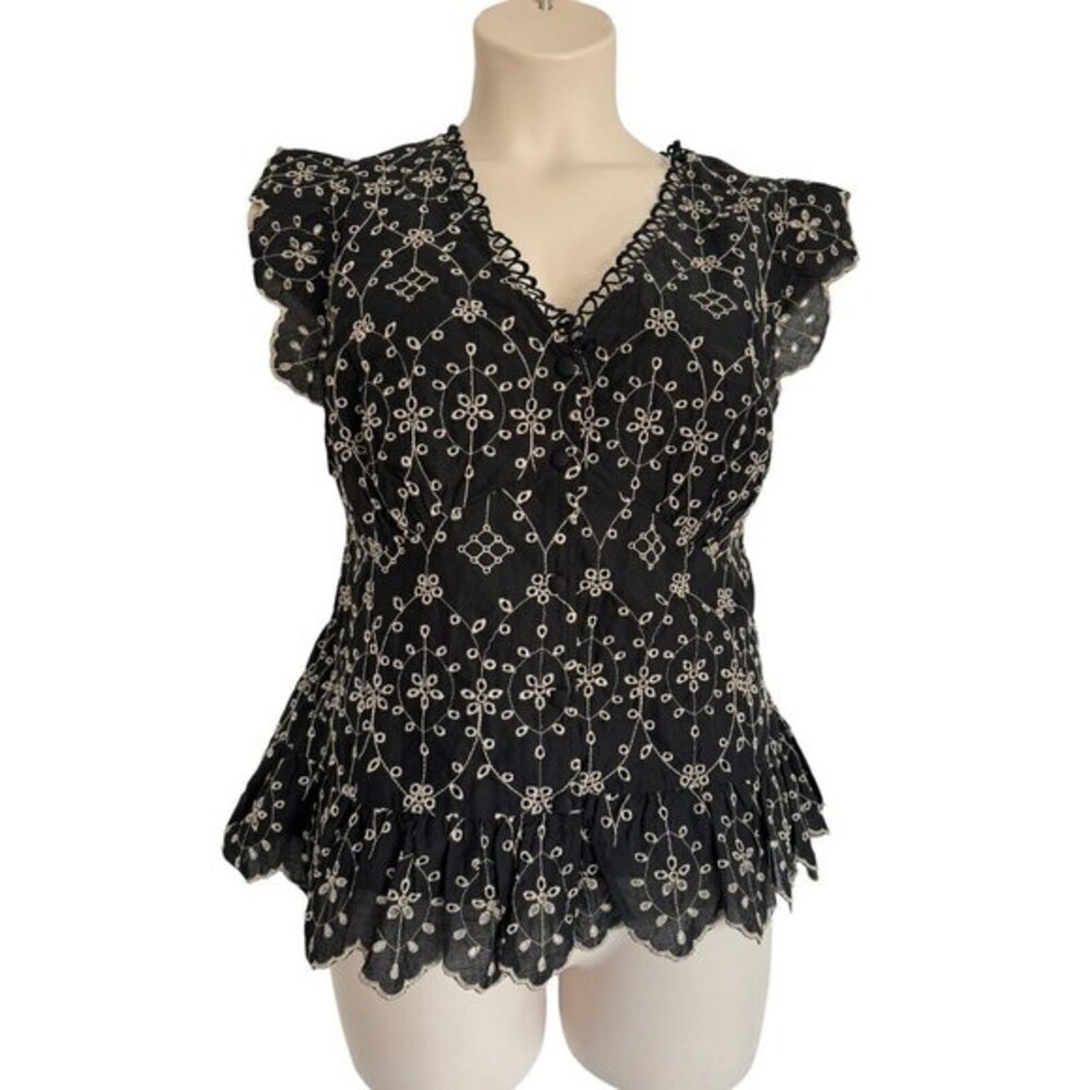 Estelle Size 14W/OX Bellini Top Blouse Eyelet Black Tan Lined NWT Cap Sleeve